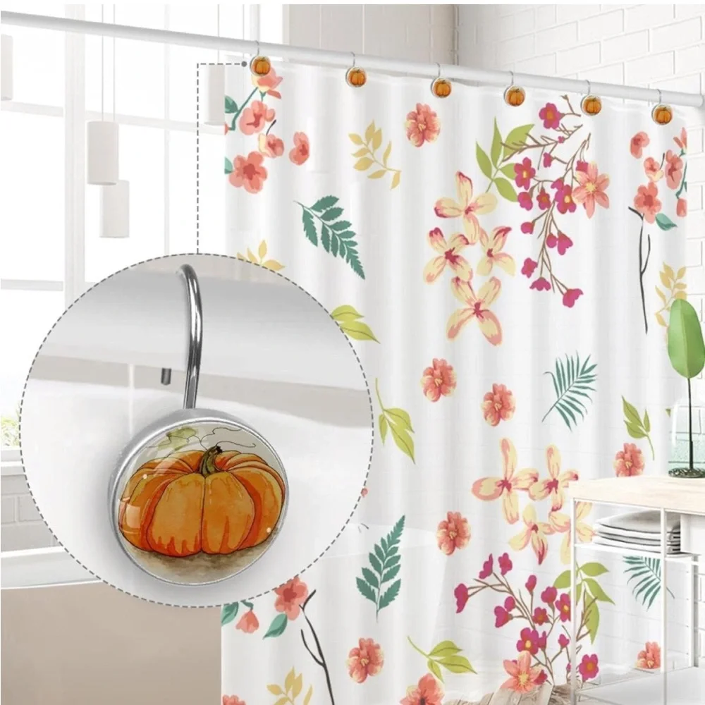 Shower Curtain Hooks Hand Draw Pumpkin Print 12 Pack, Multi 10, 1.45x1.45in